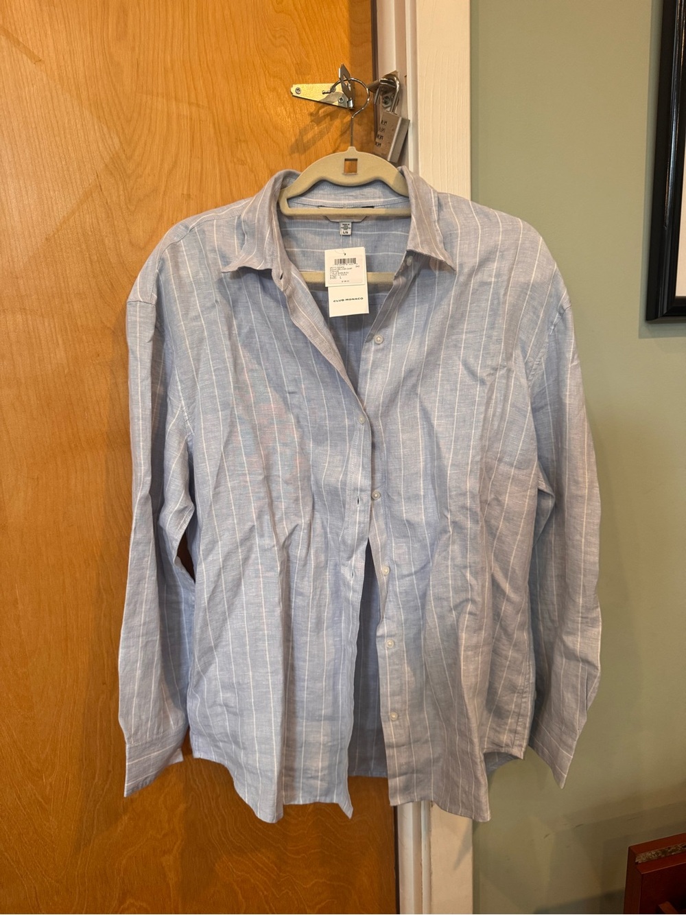 NWT Club Monaco Light Blue & white striped 100%Linen-Blend Button Shirt, size XL - Picture 5 of 6
